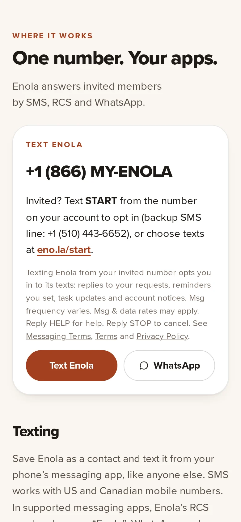 Screenshot of eno.la/channels on a phone showing the number, the texting notice and links
