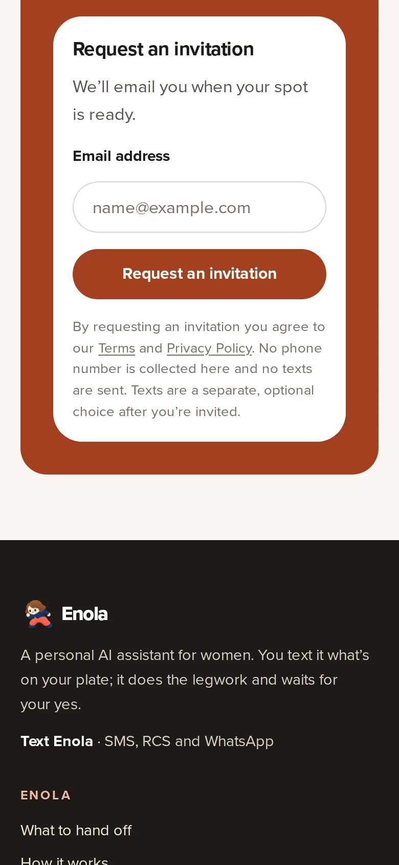 Screenshot of the eno.la invitation form on a phone, with the Terms and Privacy notice under it