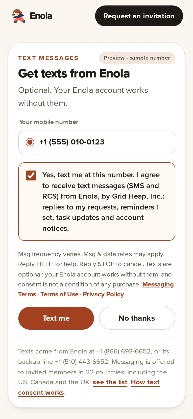 Screenshot of eno.la/start with the consent box checked and the Text me button enabled
