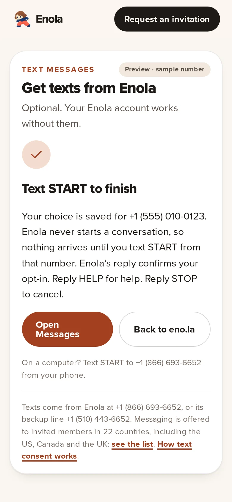 Screenshot of eno.la/start after opting in, asking the member to text START, with an Open Messages button