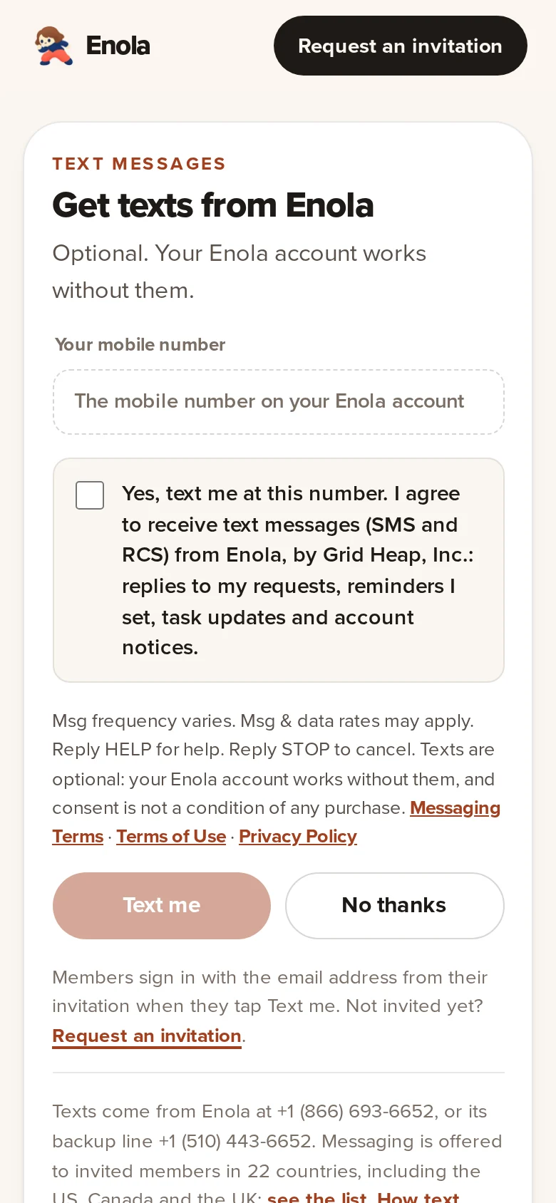 Screenshot of the public eno.la/start page: an unchecked consent box, the disclosures and policy links, a disabled Text me button and a No thanks button