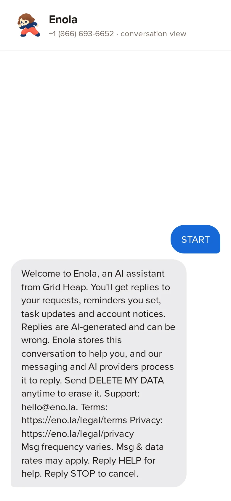 Rendered conversation view: the member’s START, then Enola’s opt-in confirmation